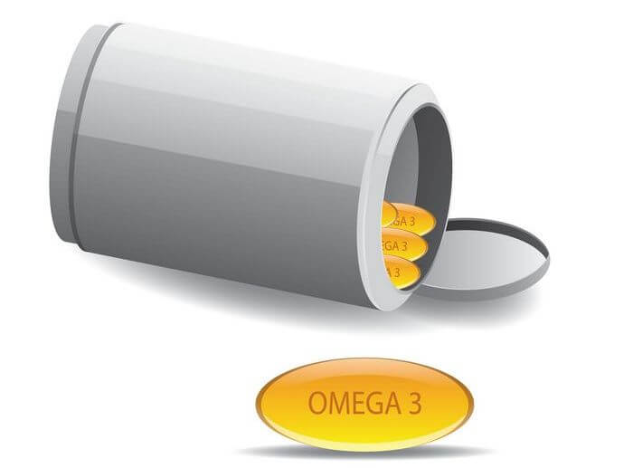 Can filled with fish oil capsules with omega 3 written on each capsule.